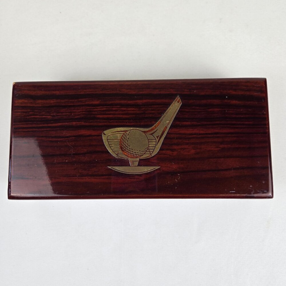 Wooden Lacquered Rectangular Box with Golf Ball & Club Head on Top Removable Lid